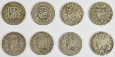 Lot 1587 - Eight Victoria silver half crowns, all shield...