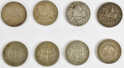 Lot 1547 - Eight 1930s half silver crowns comprising four...