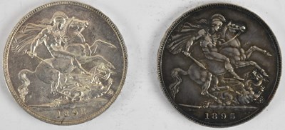 Lot 1594 - Two Victoria silver crowns, 1893 and 1895 (2).