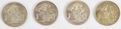Lot 1573 - Four Victoria silver crowns, two 1900 and two...
