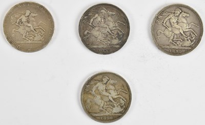 Lot 1578 - Four silver crowns comprising George III 1820,...