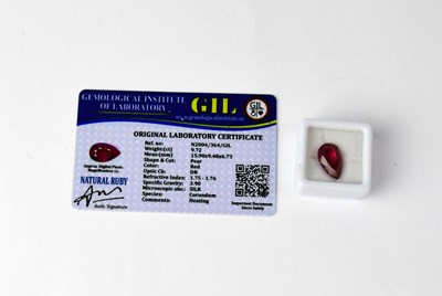 Lot 1251 - A loose 9.72 carat pear-shaped ruby with GIL...