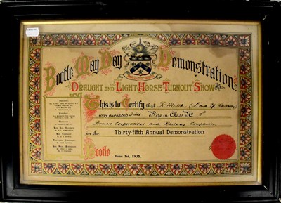 Lot 717 - A First Prize certificate for the 'Bootle May...