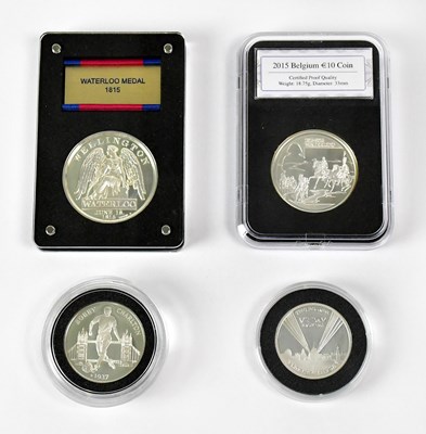 Lot 656 - Four silver proof coins, comprising Belgium 10...