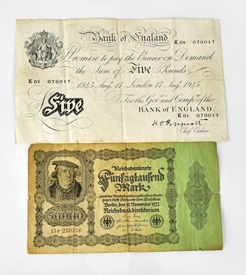 Lot 640 - BANK OF ENGLAND; a white £5 note dated 17th...