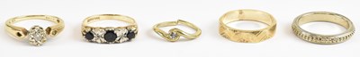 Lot 1262 - Five gold rings comprising a 9ct example with...