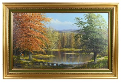 Lot 795 - F GUNTER; oil on canvas, lakeland landscape,...