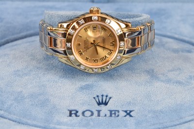 Lot 1601 - ROLEX; a boxed lady's Pearlmaster wristwatch...