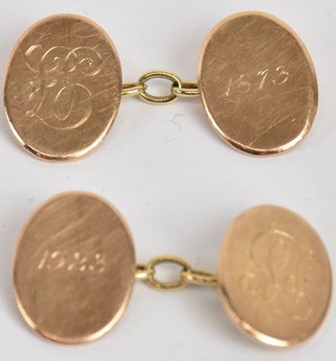 Lot 1379 - A pair of 9ct yellow gold cufflinks, inscribed...