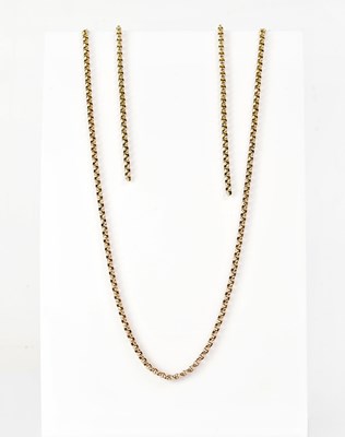 Lot 853 - A yellow metal belcher link chain, unmarked,...