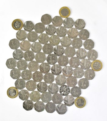 Lot 611 - A collection of over sixty 50p coins and five...