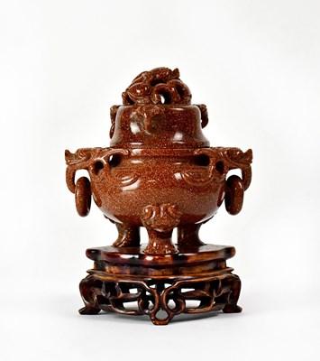 Lot 242 - A Chinese goldstone censer and cover, the...