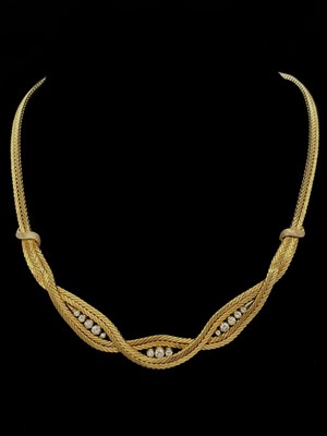 Lot 1141 - An 18ct yellow gold and diamond necklace, the...