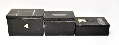 Lot 334 - Three vintage black enamelled cash tins of...