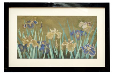 Lot 1183 - TAKE SATO; watercolour on silk, irises, signed...