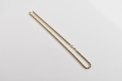 Lot 382 - A damaged 9ct yellow gold rope twist chain,...
