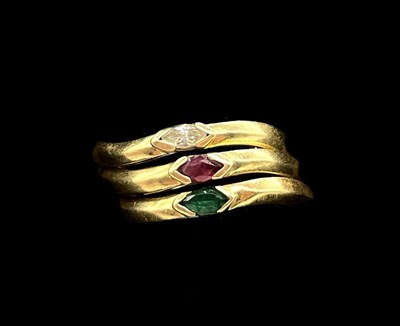 Lot 1156 - An 18ct yellow gold three-sectioned 'trilogy'...