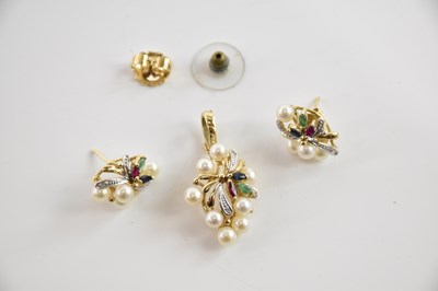 Lot 290 - A pair of 9ct yellow gold cultured pearl, ruby,...