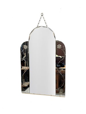 Lot 1024 - An Art Deco arch topped glass wall mirror,...