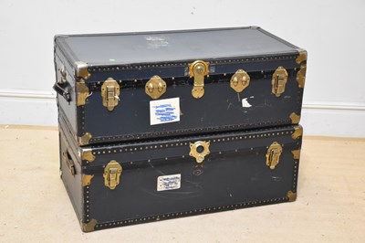 Lot 1530 - Two vintage metal bound travelling trunks,...