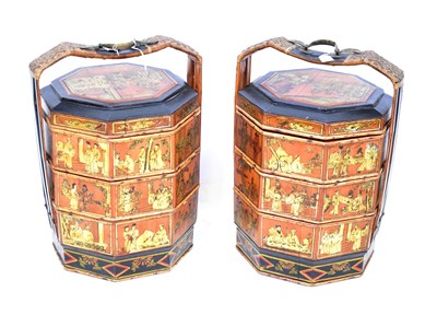 Lot 227 - A pair of large bamboo three-section food...