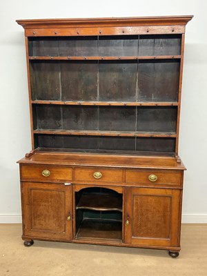 Lot 575 - An oak dresser, the dog kennel base with shelf...