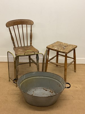 Lot 654 - A beech chair, a wooden stool, a brass fire...