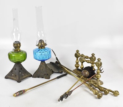 Lot 1487 - Two brass companion sets, a pair of brass...