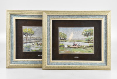 Lot 536 - LUIGI CARBI; a pair of oils on board, figures...