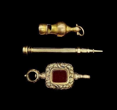 Lot 1249 - A novelty Victorian yellow metal whistle charm,...