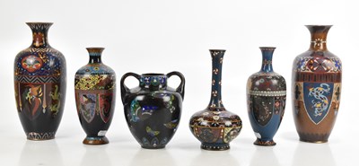 Lot 563 - Six Japanese cloisonné vases including a twin...