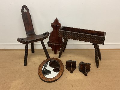 Lot 680 - A group of stained pine, comprising a milking...