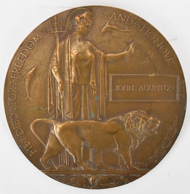 Lot 513 - A WWI bronze remembrance plaque awarded to...