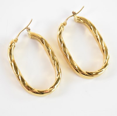 Lot 291 - A pair of 18ct yellow gold hoop earrings, drop...