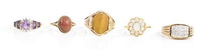 Lot 150 - Five 9ct yellow gold dress rings, combined...