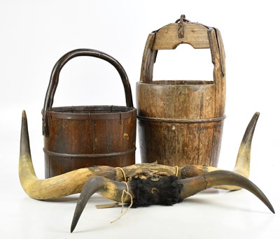 Lot 1315 - Two metal bound vintage water buckets and two...