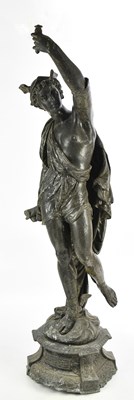 Lot 1553 - A large bronzed spelter table lamp modelled as...