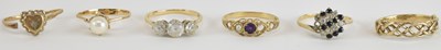 Lot 1166 - Six 9ct gold dress rings, each with faults,...