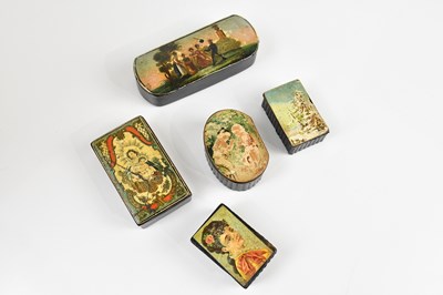 Lot 1418 - Five Victorian papier-mâché snuff boxes,...