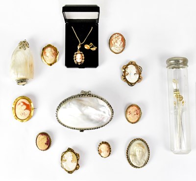 Lot 1121 - Ten vintage cameo and cameo-style brooches,...