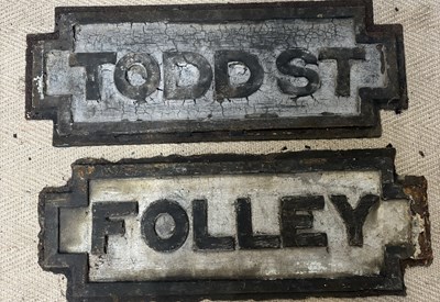 Lot 1343 - Two Victorian cast metal signs, 'Folley', 22 x...