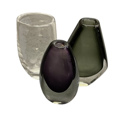 Lot 585 - ORREFORS; a black triangular art glass vase,...