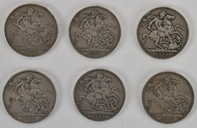 Lot 1455 - Six Victoria Jubilee head 1889 silver crowns (6).