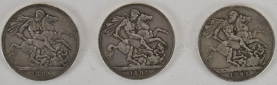 Lot 1466 - Three Victoria old head 1895 silver crowns (3).