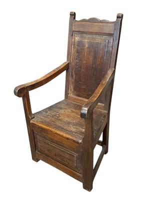 Lot 2150 - A 19th century and later oak open arm panel...