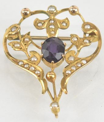 Lot 1285 - An Edwardian 9ct yellow gold amethyst and seed...