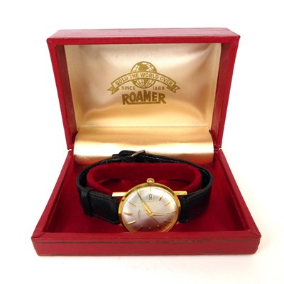 Lot 1286 - ROAMER; a gentlemen's 18ct gold wristwatch,...
