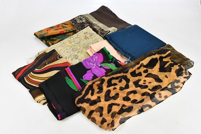 Lot 719 - JAEGER; two silk scarves, one black with pink,...