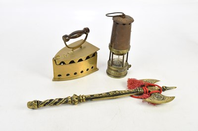 Lot 2405 - A Davy miner's lamp, a brass iron and a...