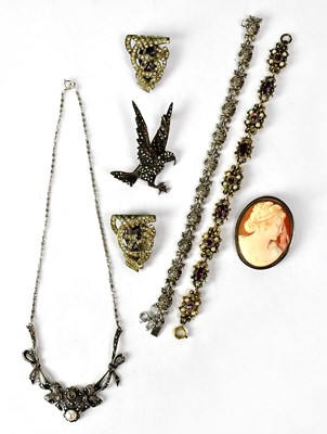 Lot 1111 - A hallmarked silver and marcasite bracelet,...